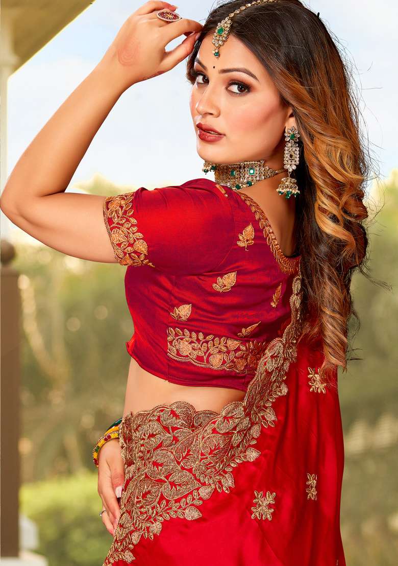 Red Embroidered Satin Saree Set for Diwali and Festive Wear - Indya