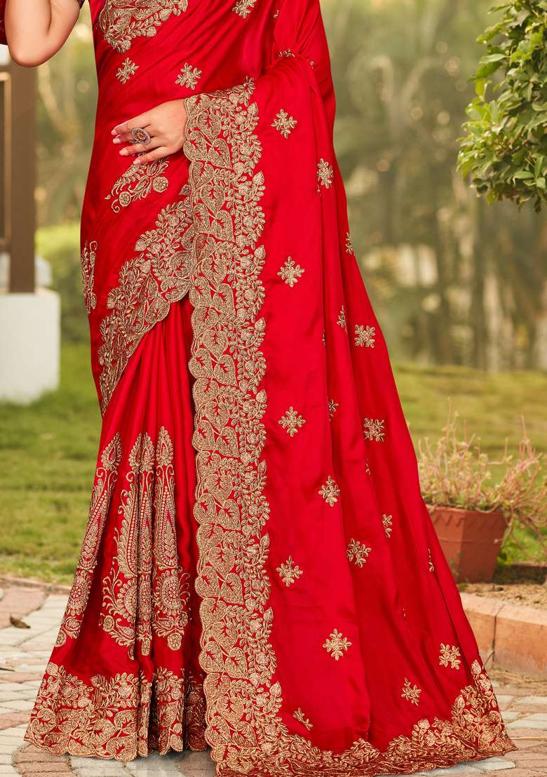 Red Embroidered Satin Saree Set for Diwali and Festive Wear - Indya