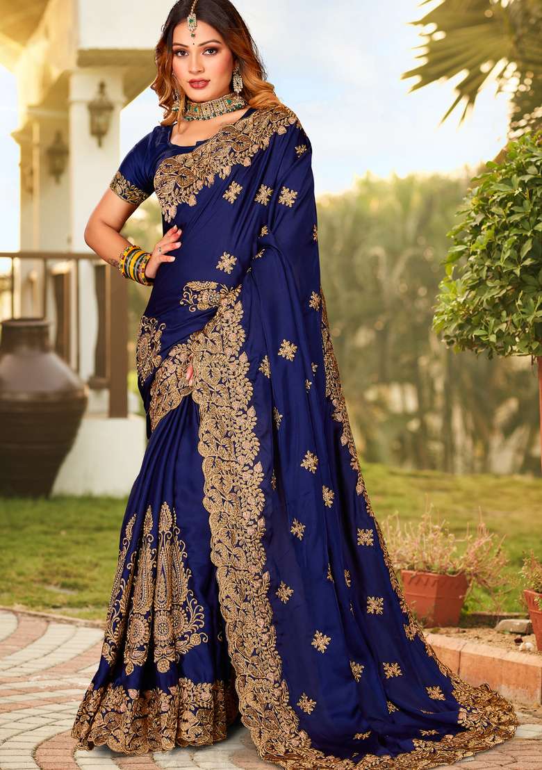 Navy Blue Satin Saree Set with Embroidered for Diwali | Wedding & Festive Wear - Indya
