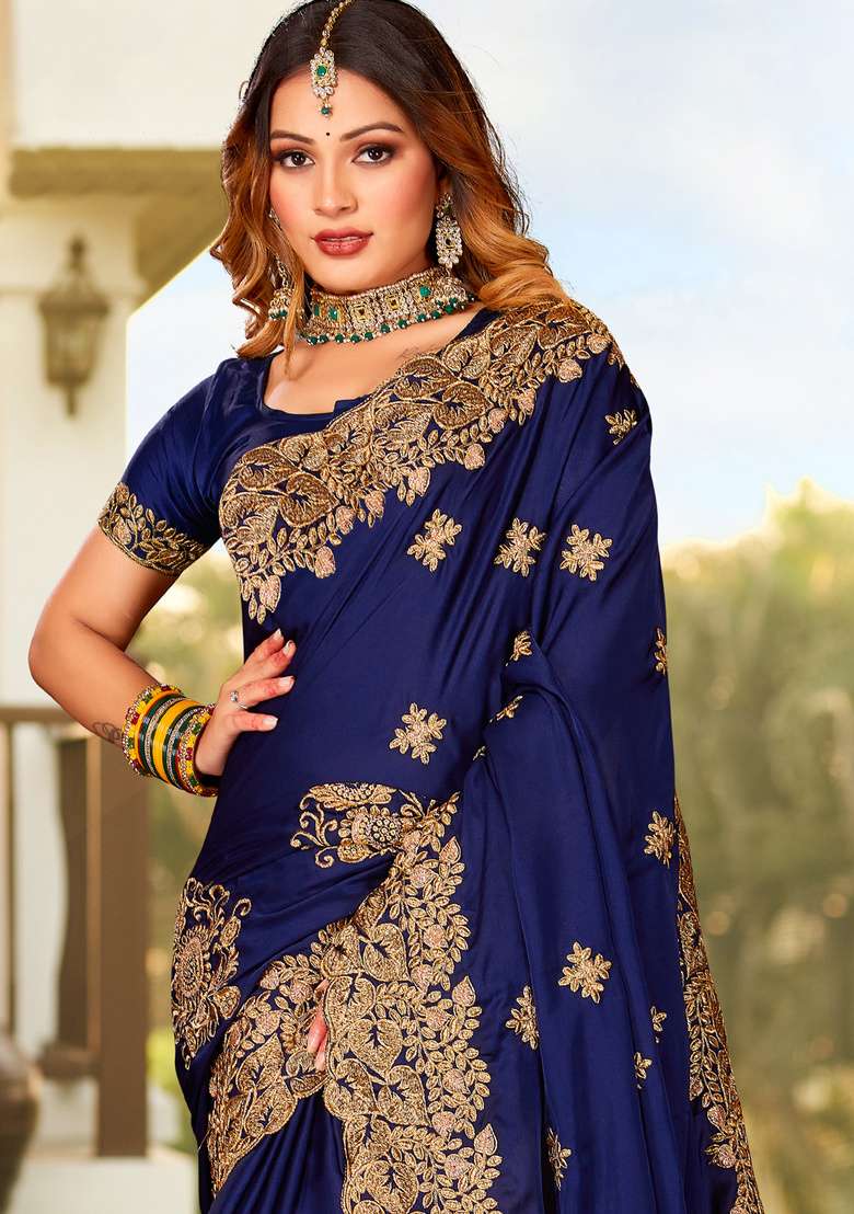Navy Blue Satin Saree Set with Embroidered for Diwali | Wedding & Festive Wear - Indya