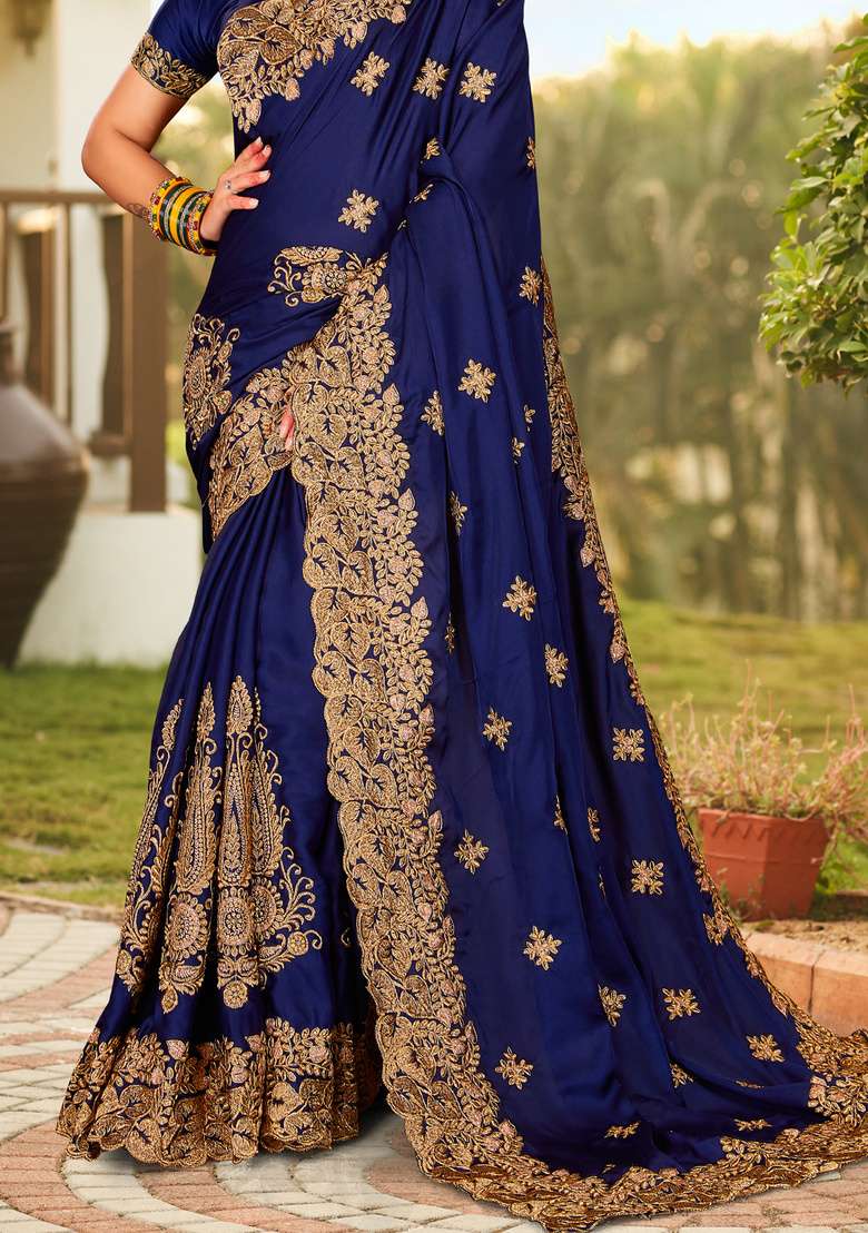 Navy Blue Satin Saree Set with Embroidered for Diwali | Wedding & Festive Wear - Indya