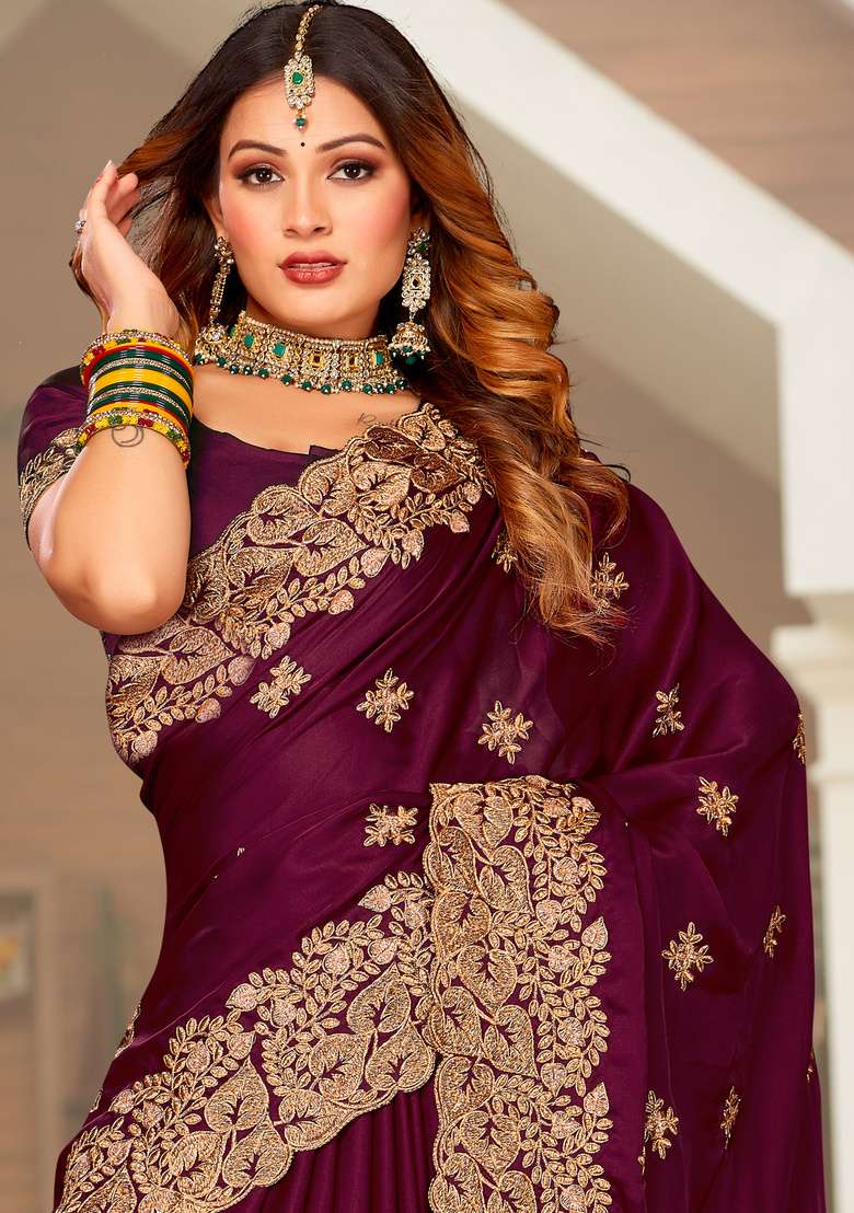 Wine Embroidered Satin Saree Set for Diwali and Festive Wear - Indya