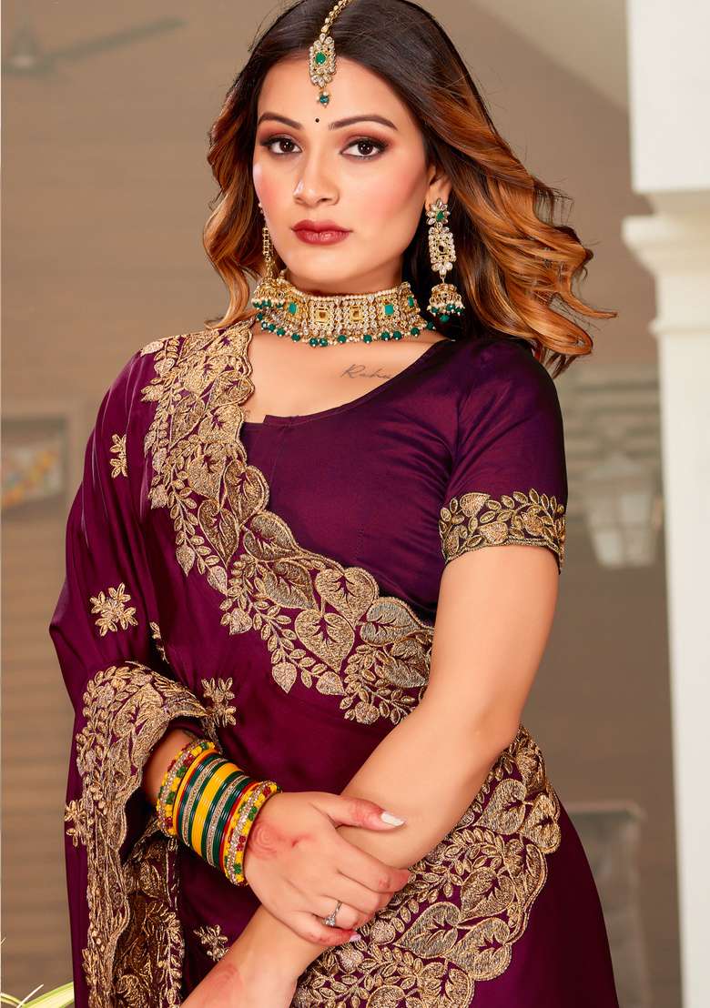 Wine Embroidered Satin Saree Set for Diwali and Festive Wear - Indya