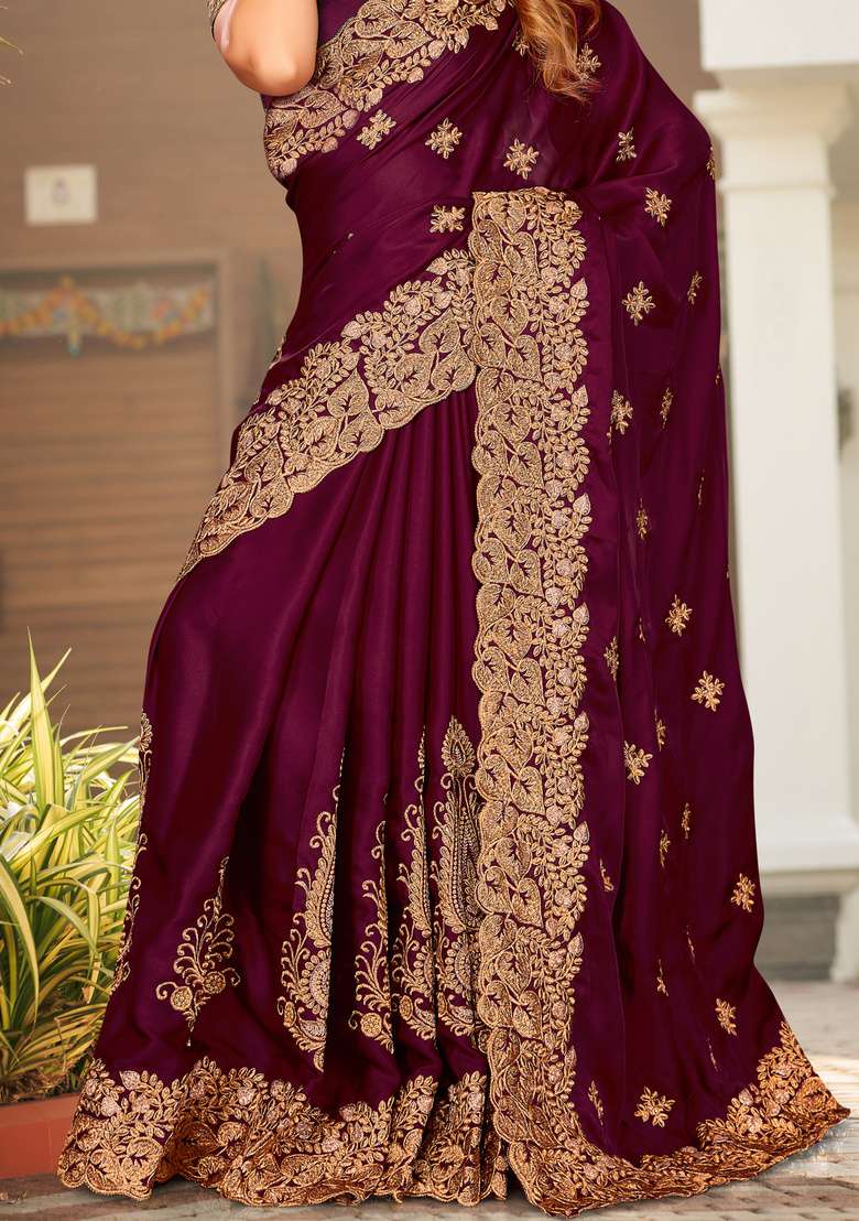 Wine Embroidered Satin Saree Set for Diwali and Festive Wear - Indya