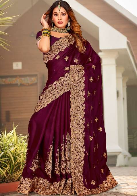 Wine Embroidered Satin Saree Set for Diwali and Festive Wear