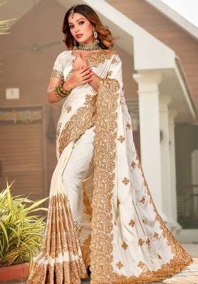 Off White Satin Saree Set with Embroidered for Diwali | Wedding & Festive Wear