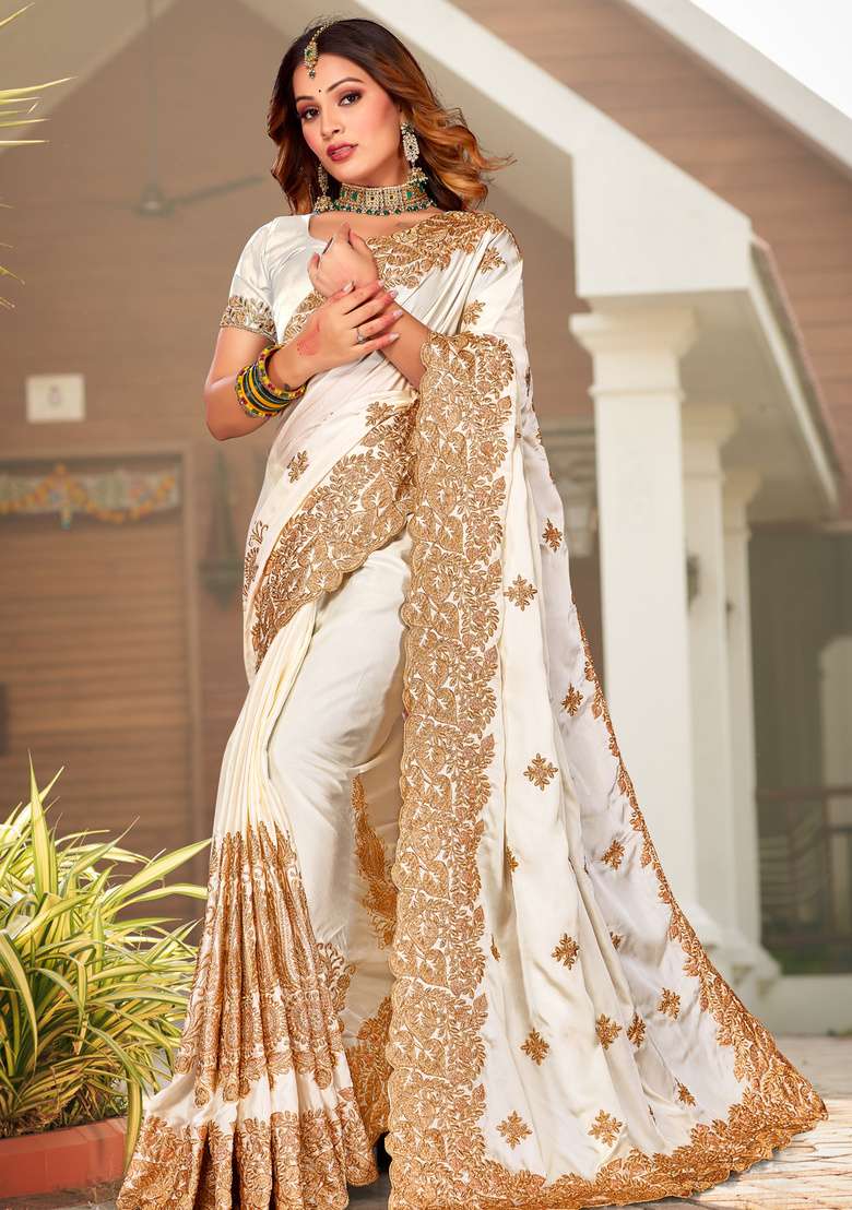 Off White Satin Saree Set with Embroidered for Diwali | Wedding & Festive Wear - Indya