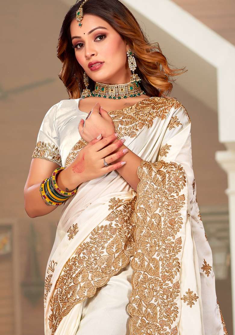 Off White Satin Saree Set with Embroidered for Diwali | Wedding & Festive Wear - Indya
