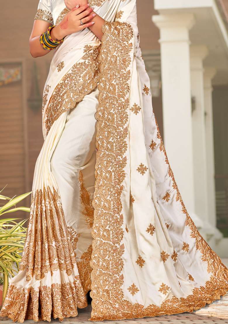 Off White Satin Saree Set with Embroidered for Diwali | Wedding & Festive Wear - Indya