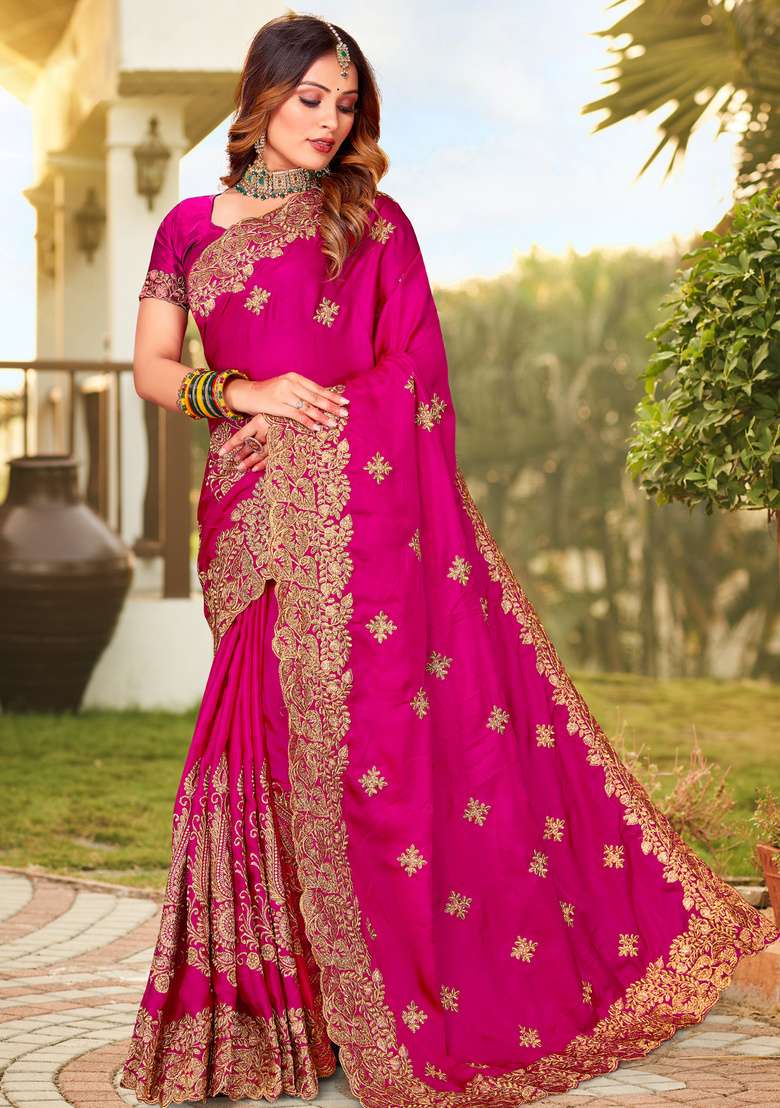 Magenta Embroidered Satin Saree Set for Diwali and Festive Wear - Indya