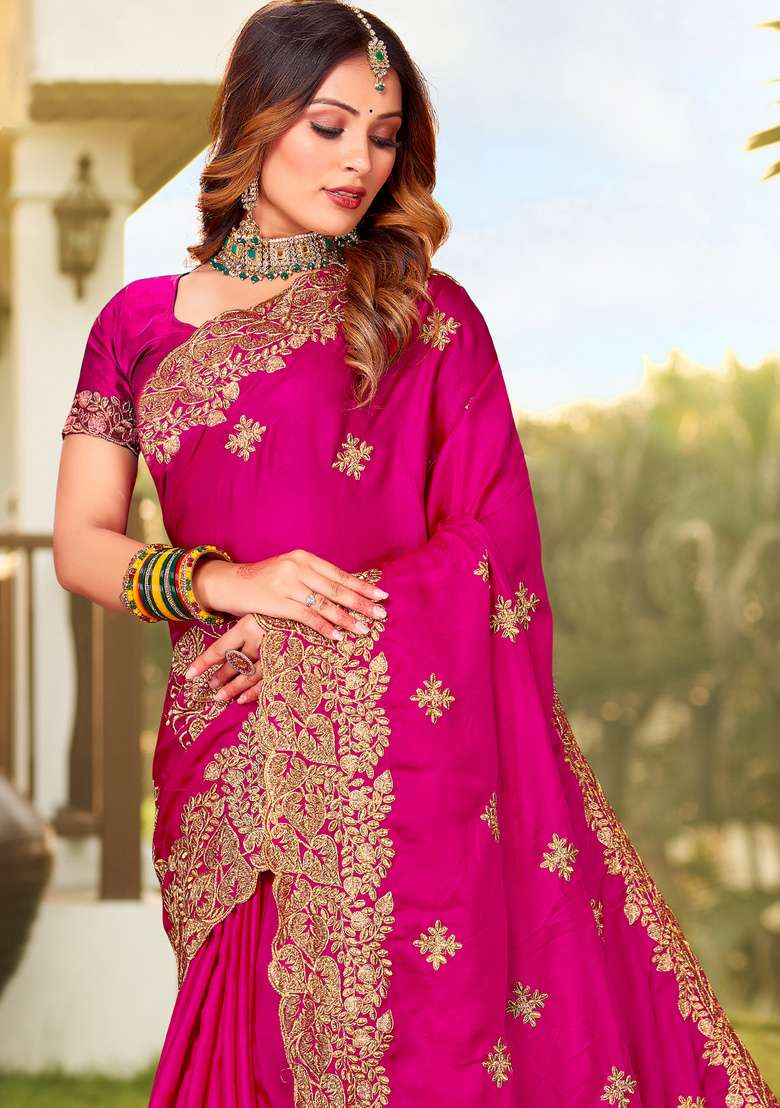 Magenta Embroidered Satin Saree Set for Diwali and Festive Wear - Indya