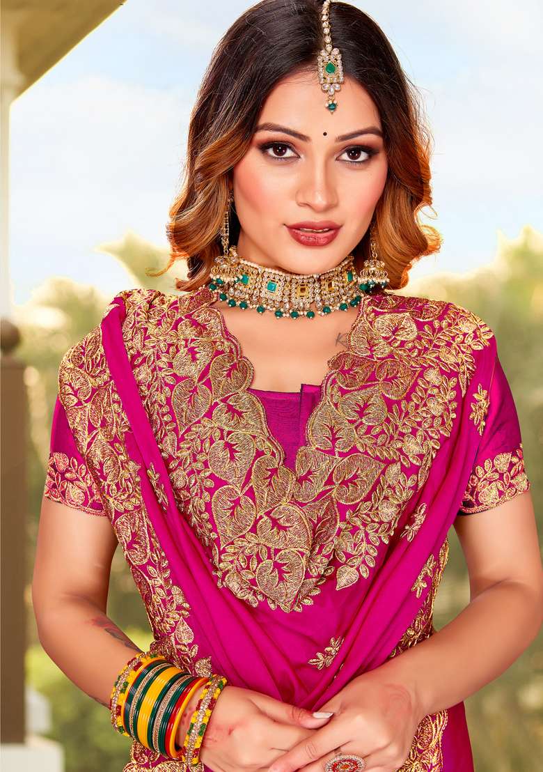 Magenta Embroidered Satin Saree Set for Diwali and Festive Wear - Indya