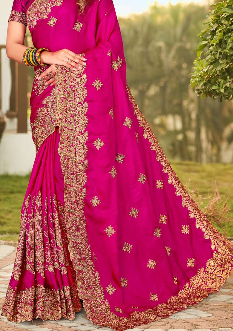 Magenta Embroidered Satin Saree Set for Diwali and Festive Wear - Indya