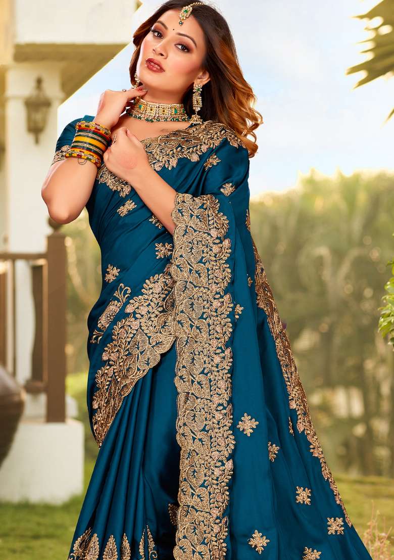 Morpeach Satin Saree Set with Embroidered for Diwali | Wedding & Festive Wear - Indya