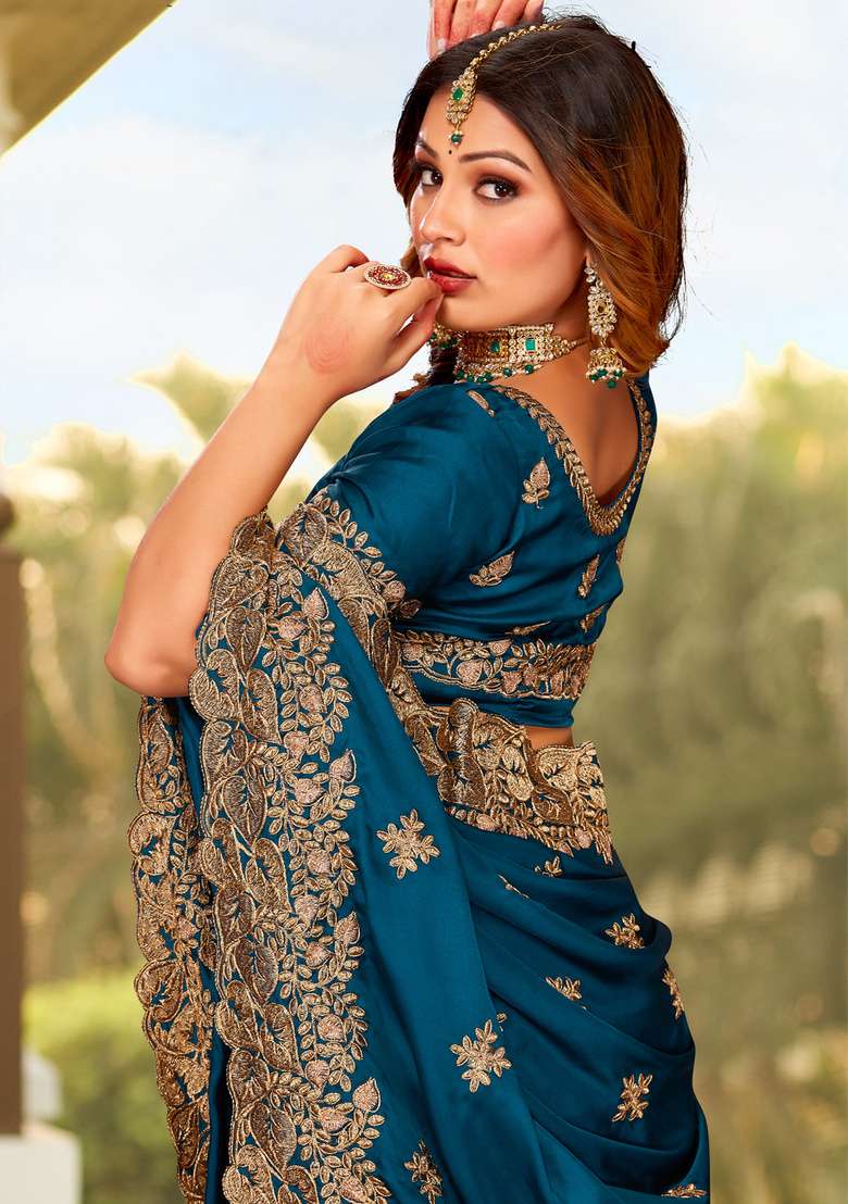 Morpeach Satin Saree Set with Embroidered for Diwali | Wedding & Festive Wear - Indya