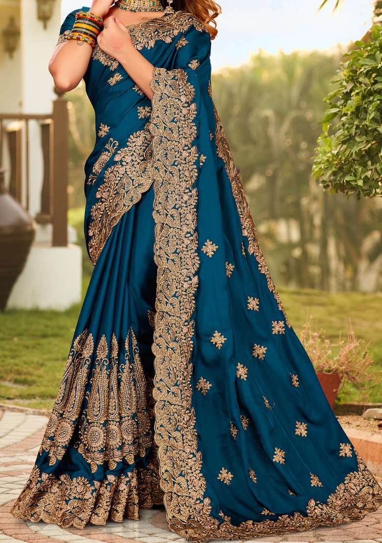 Morpeach Satin Saree Set with Embroidered for Diwali | Wedding & Festive Wear - Indya