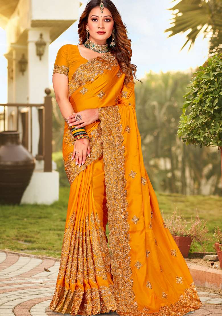 Mustard Embroidered Satin Saree Set for Diwali and Festive Wear - Indya