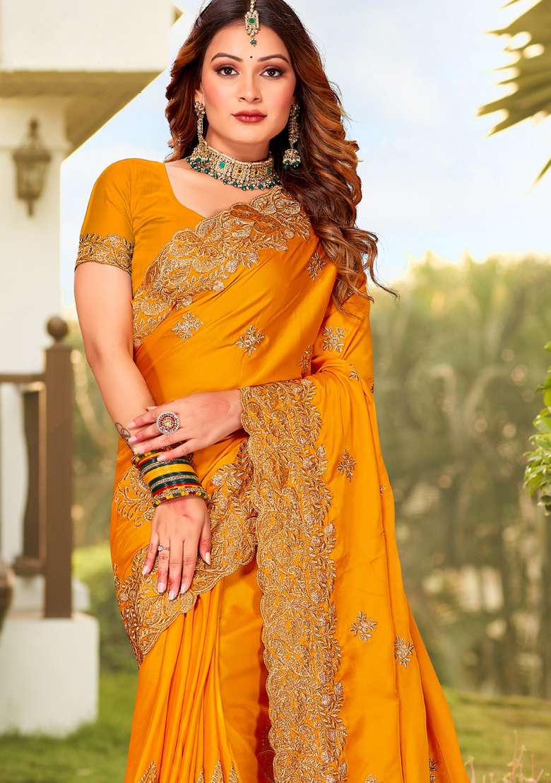 Mustard Embroidered Satin Saree Set for Diwali and Festive Wear - Indya