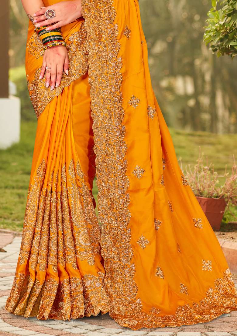 Mustard Embroidered Satin Saree Set for Diwali and Festive Wear - Indya