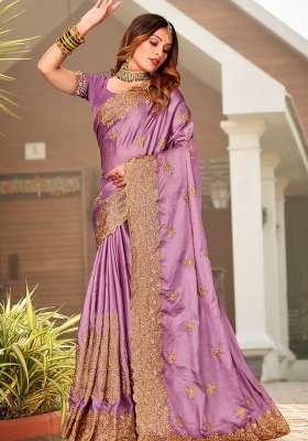 Light Purple Satin Saree Set with Embroidered for Diwali | Wedding & Festive Wear