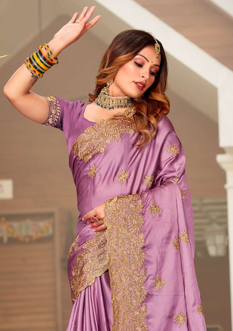 Light Purple Satin Saree Set with Embroidered for Diwali | Wedding & Festive Wear - Indya