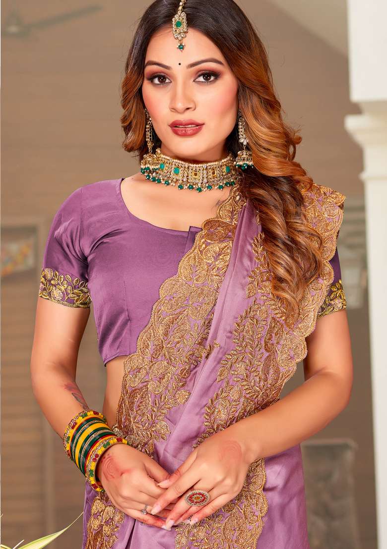 Light Purple Satin Saree Set with Embroidered for Diwali | Wedding & Festive Wear - Indya