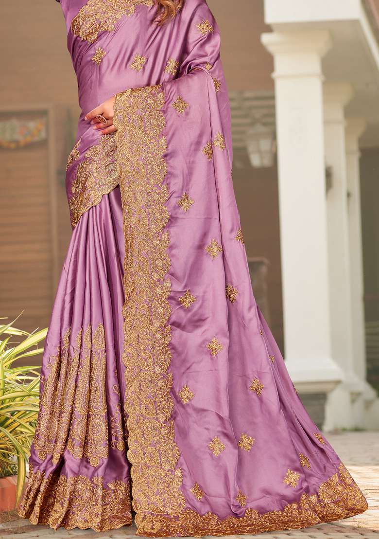 Light Purple Satin Saree Set with Embroidered for Diwali | Wedding & Festive Wear - Indya