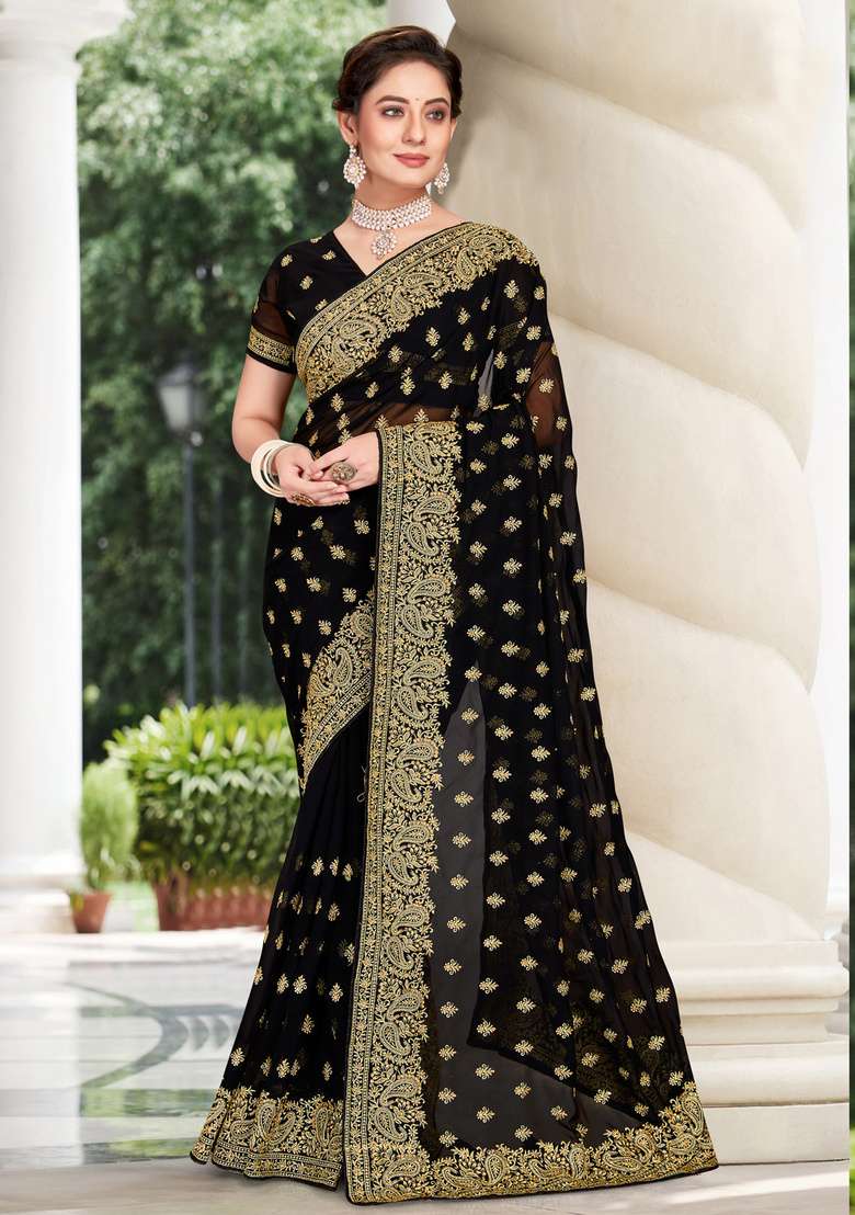 Black Work Georgette Saree Set with Sequin for Diwali | Wedding & Festive Wear - Indya