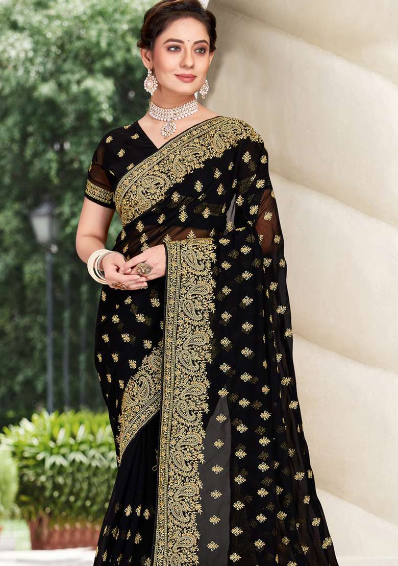 Black Sequin Work Georgette Saree Set - Indya