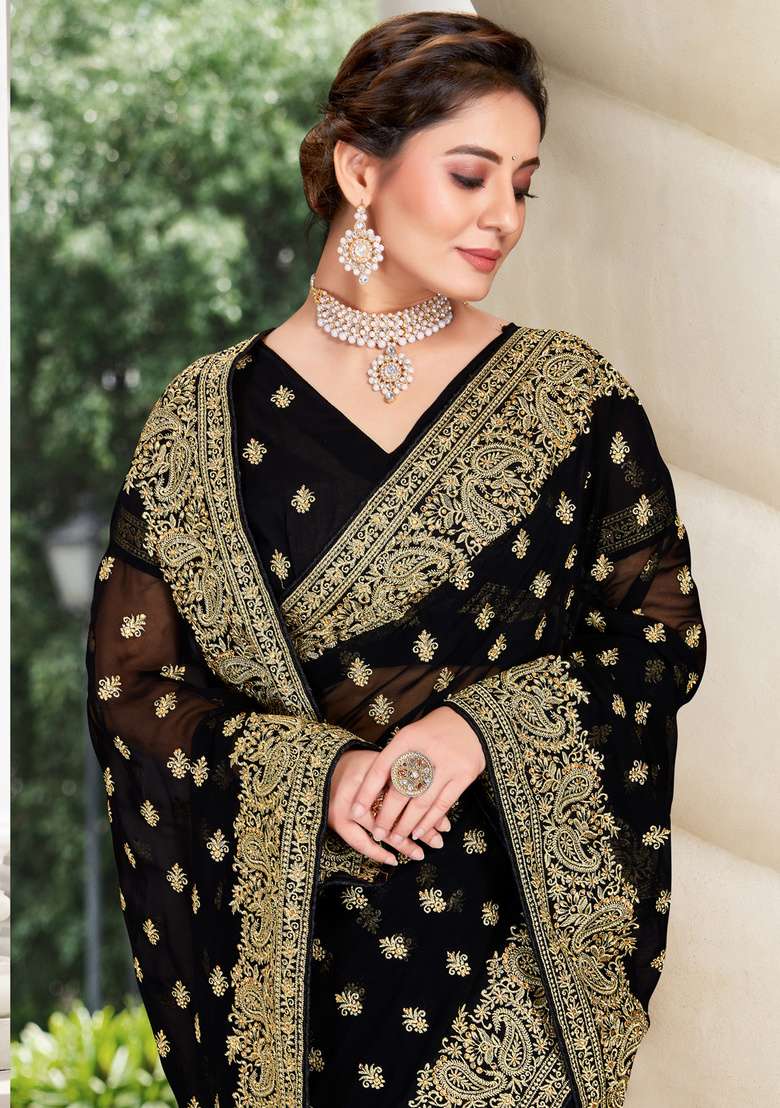 Black Work Georgette Saree Set with Sequin for Diwali | Wedding & Festive Wear - Indya