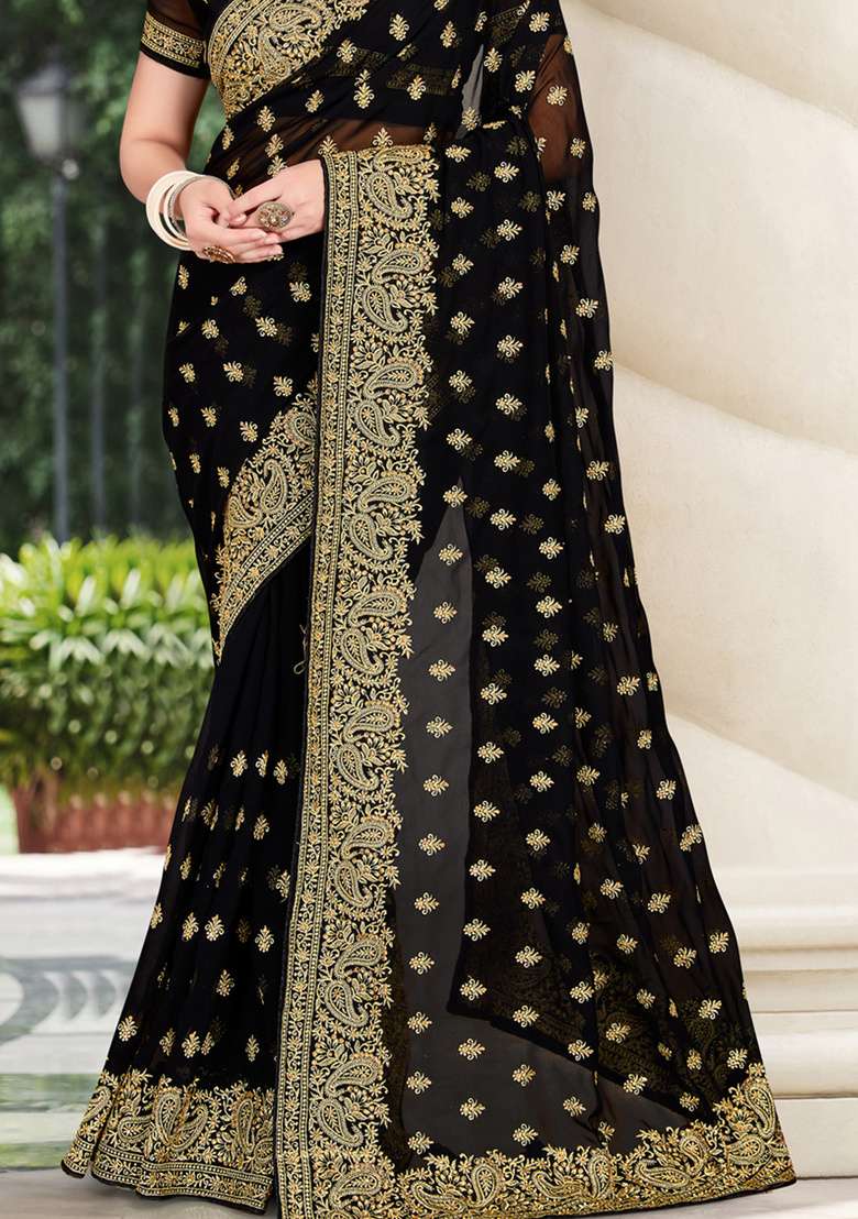 Black Sequin Work Georgette Saree Set - Indya