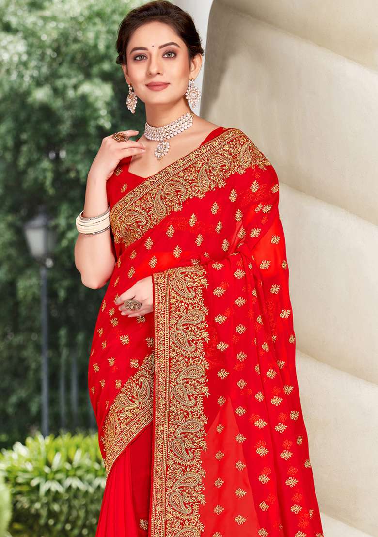 Red Sequin Work Georgette Saree Set - Indya