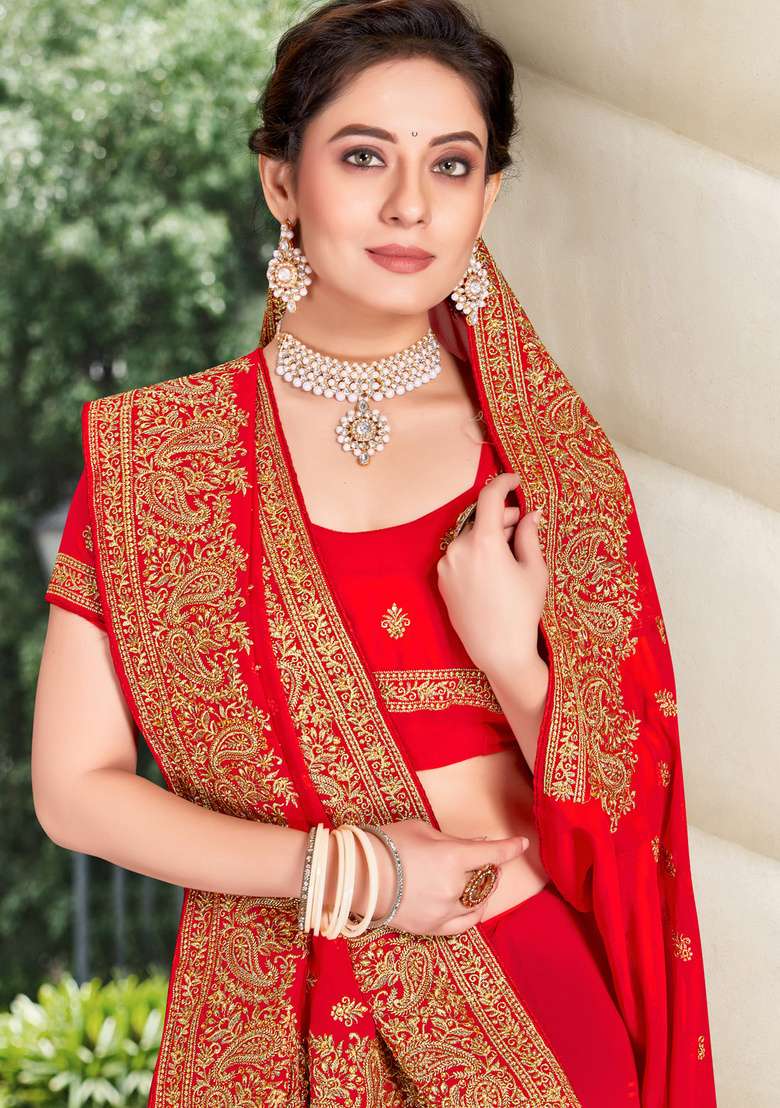 Red Work Georgette Saree Set with Sequin for Diwali | Wedding & Festive Wear - Indya