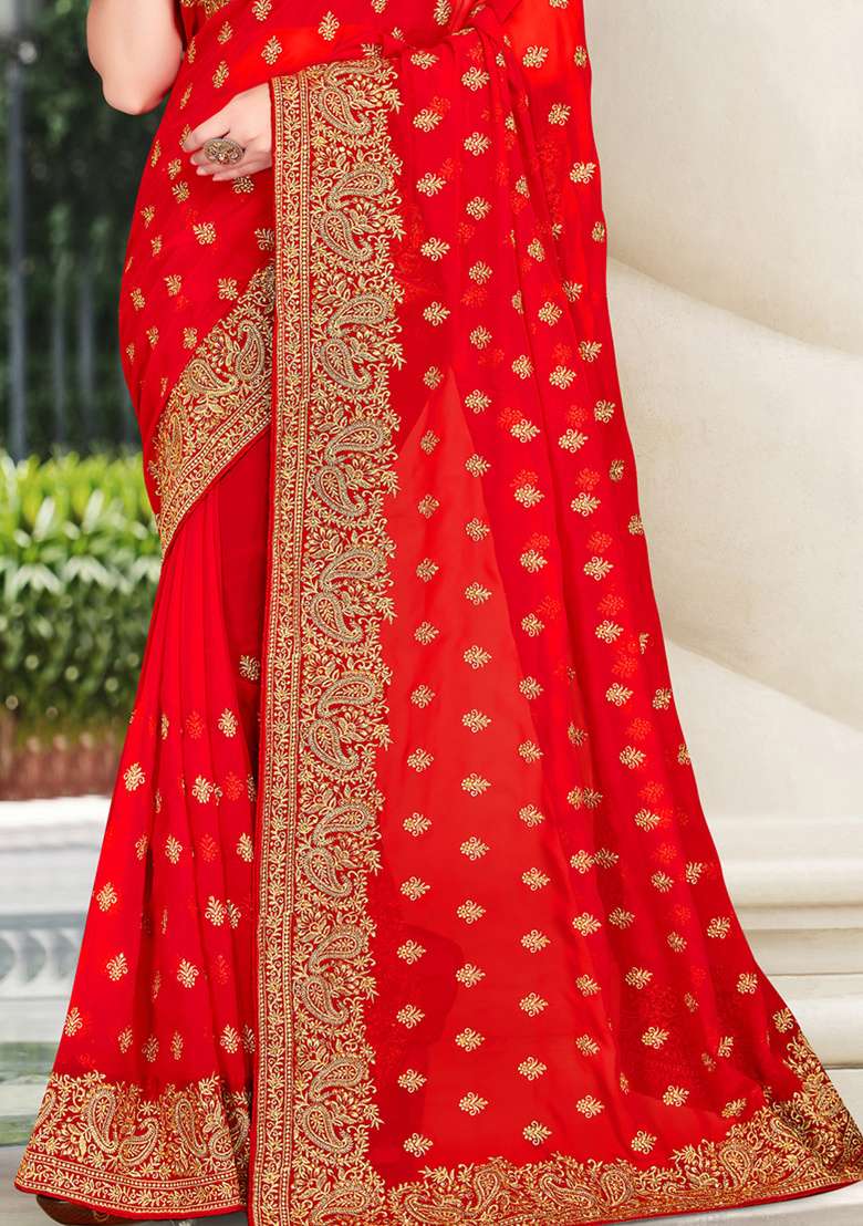 Red Sequin Work Georgette Saree Set - Indya