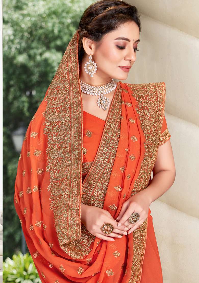 Peach Sequin Work Georgette Saree Set for Diwali and Festive Wear - Indya