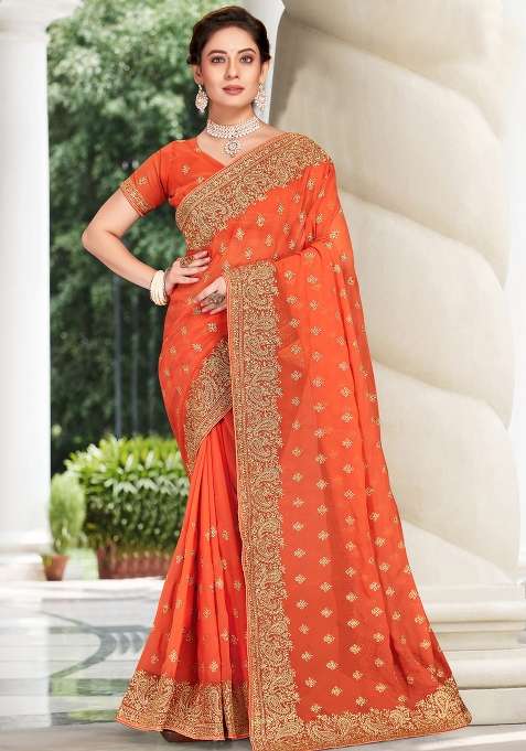 Peach Sequin Work Georgette Saree Set for Diwali and Festive Wear