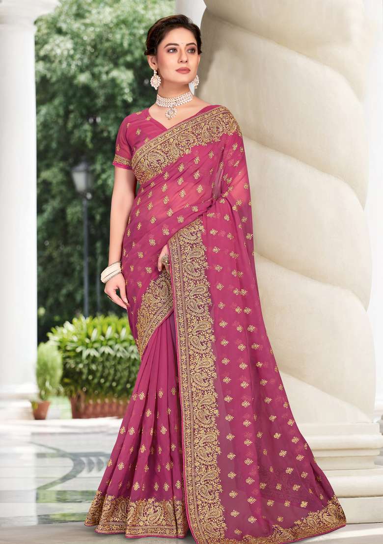 Pink Work Georgette Saree Set with Sequin for Diwali | Wedding & Festive Wear - Indya