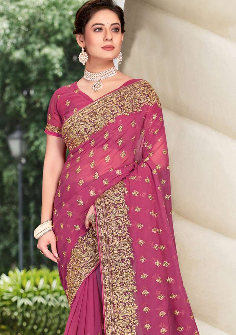 Pink Sequin Work Georgette Saree Set - Indya