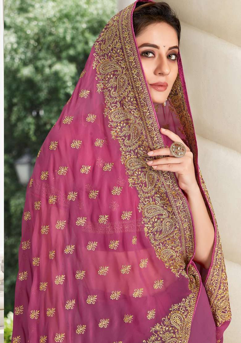 Pink Work Georgette Saree Set with Sequin for Diwali | Wedding & Festive Wear - Indya
