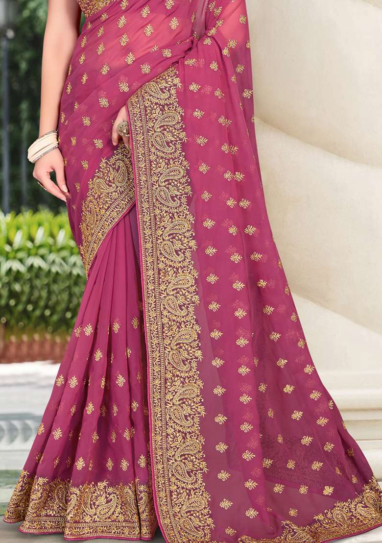 Pink Sequin Work Georgette Saree Set - Indya