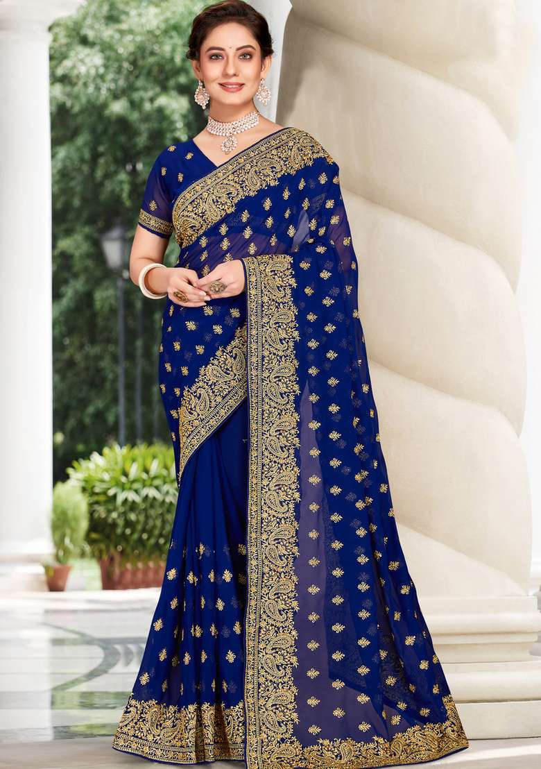 Navy Blue Sequin Work Georgette Saree Set for Diwali and Festive Wear - Indya