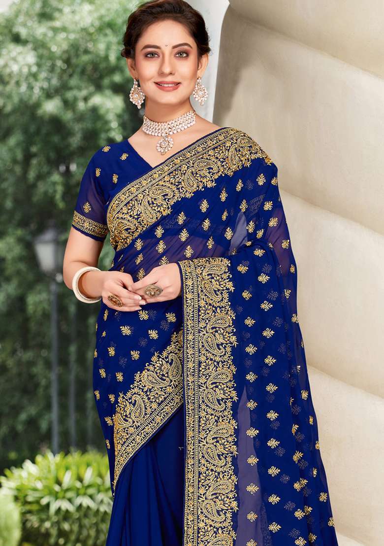 Navy Blue Sequin Work Georgette Saree Set - Indya