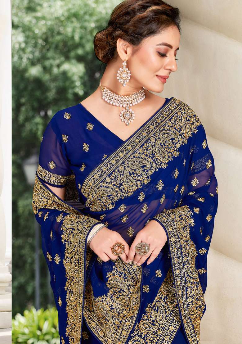Navy Blue Sequin Work Georgette Saree Set for Diwali and Festive Wear - Indya