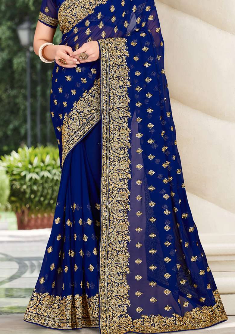 Navy Blue Sequin Work Georgette Saree Set - Indya