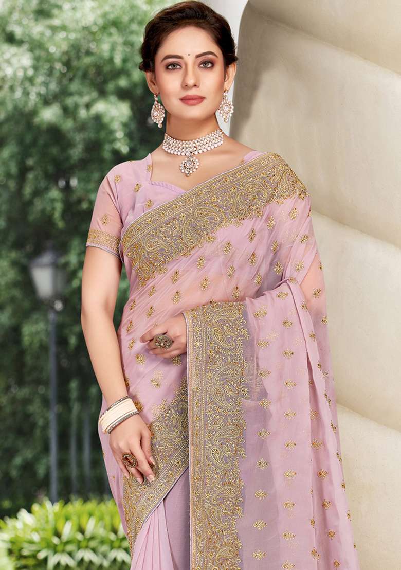 Lavender Sequin Work Georgette Saree Set - Indya