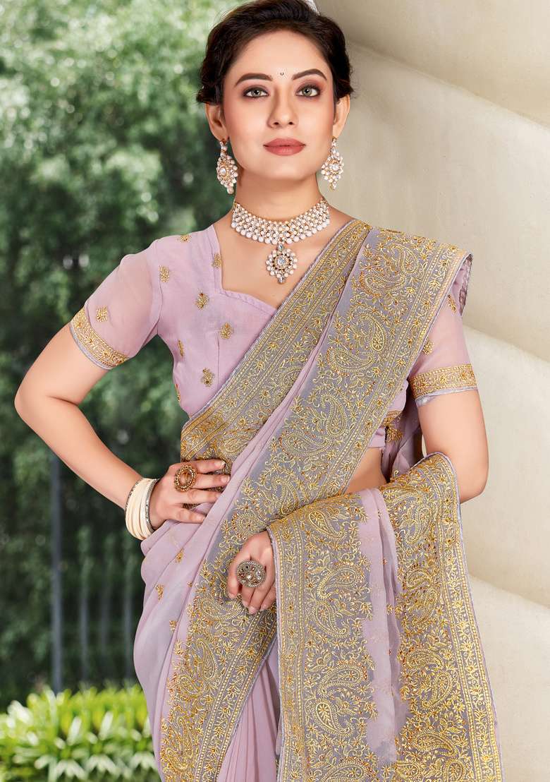 Lavender Work Georgette Saree Set with Sequin for Diwali | Wedding & Festive Wear - Indya