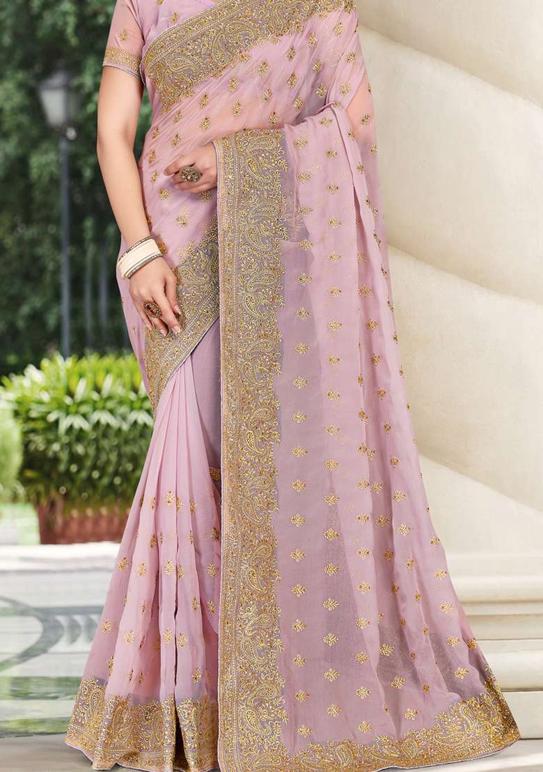 Lavender Sequin Work Georgette Saree Set - Indya