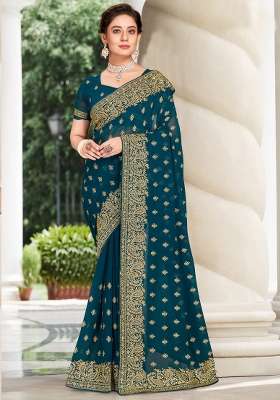 Teal Blue Work Georgette Saree Set with Sequin for Diwali | Wedding & Festive Wear