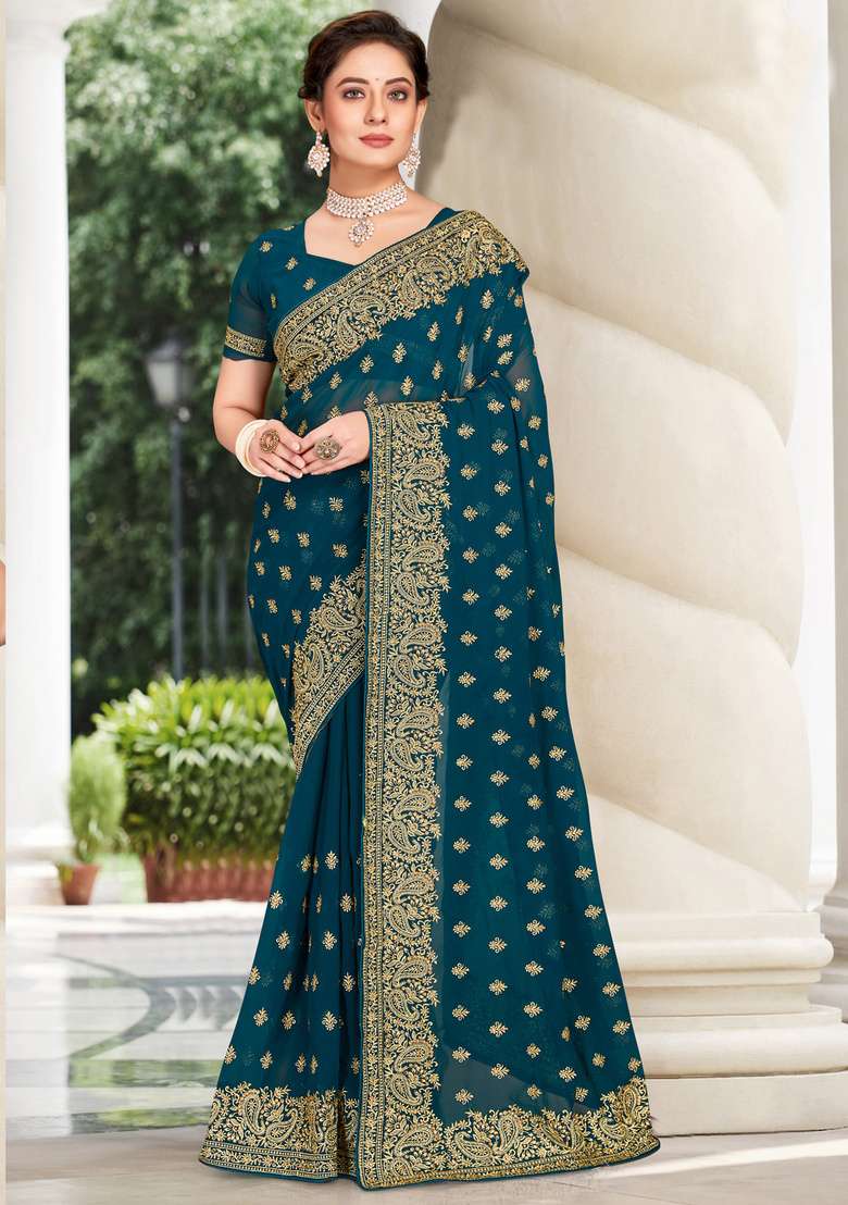 Teal Blue Work Georgette Saree Set with Sequin for Diwali | Wedding & Festive Wear - Indya