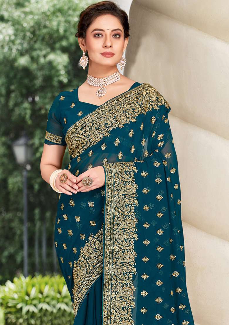 Teal Blue Sequin Work Georgette Saree Set - Indya